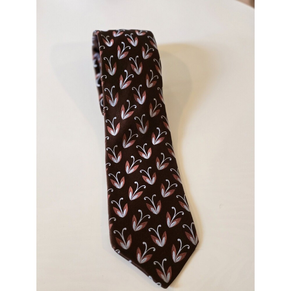 Ike Behar New York 100% Silk Necktie | Brown Floral Leaf Jacquard | Dusty Rose